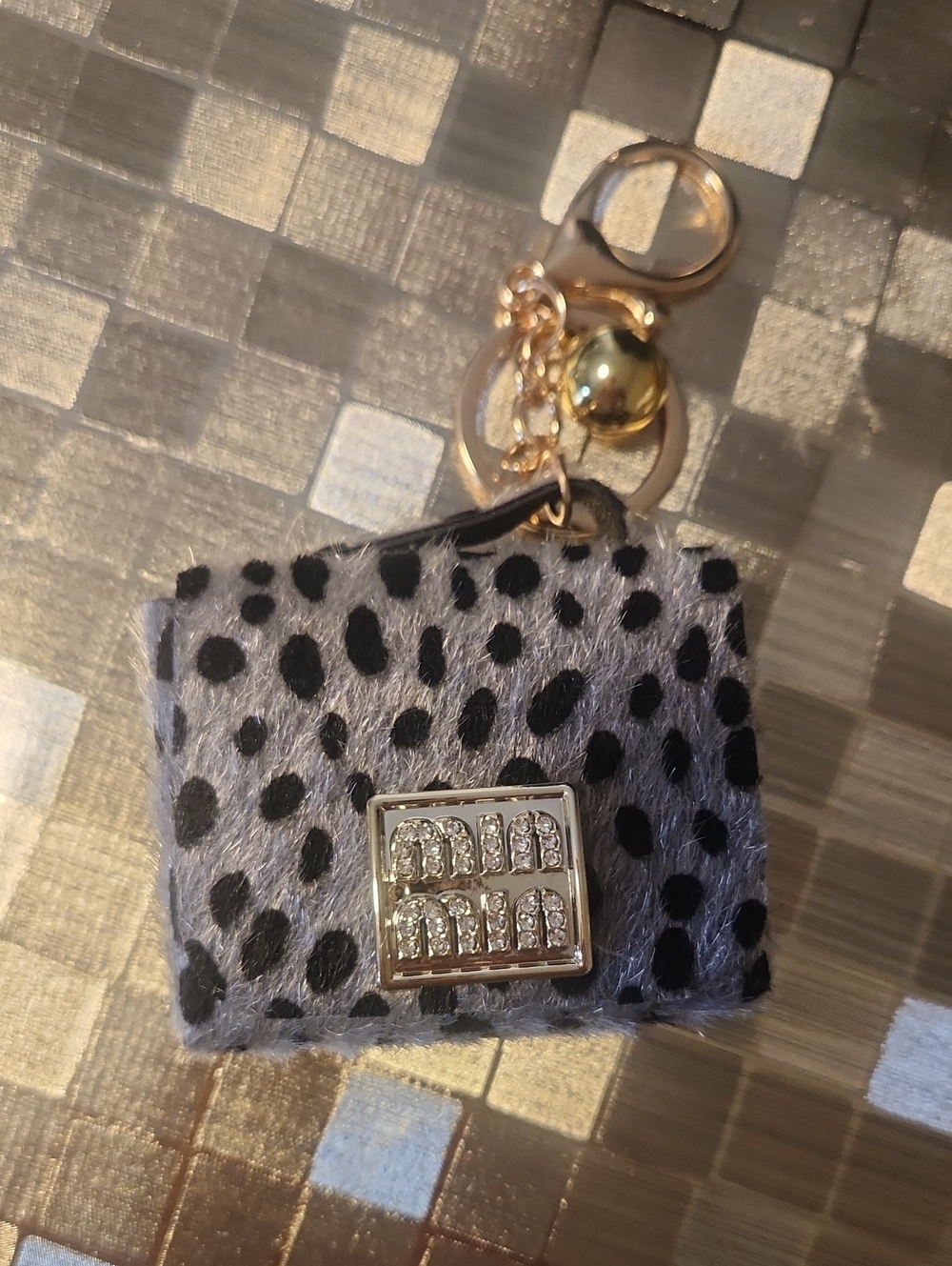 Leopard Print Faux Fur Keychain Charm with Rhinestone Accent
